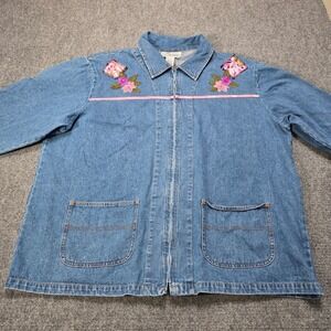 Options by Delta‎ Burke Womens Denim Jacket Floral Embroidery Pink Ribbon VTG 2X